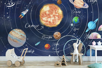 Modern space art wallpaper with colorful planets wall mural.