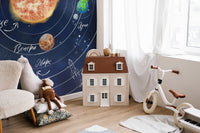 Solar system illustration wall mural with planets and stars wallpaper.
