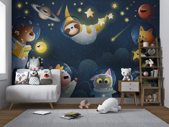 Cheerful fantasy animals wall mural fitted for a modern nursery