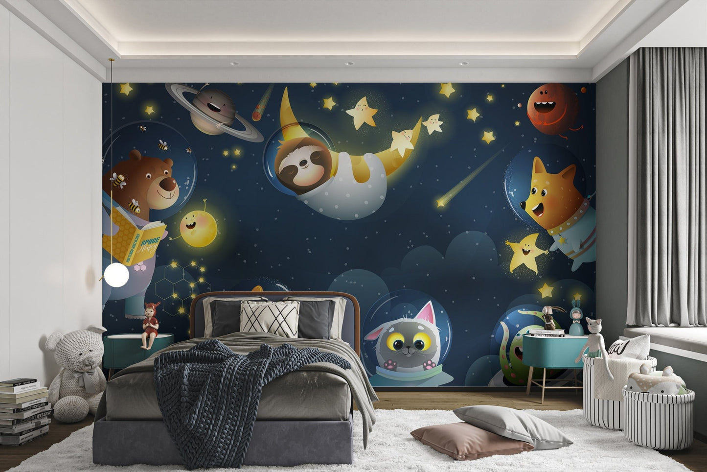 Space fantasy animals wall mural installed inside a kids bedroom