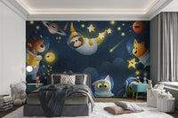 Space fantasy animals wall mural installed inside a kids bedroom