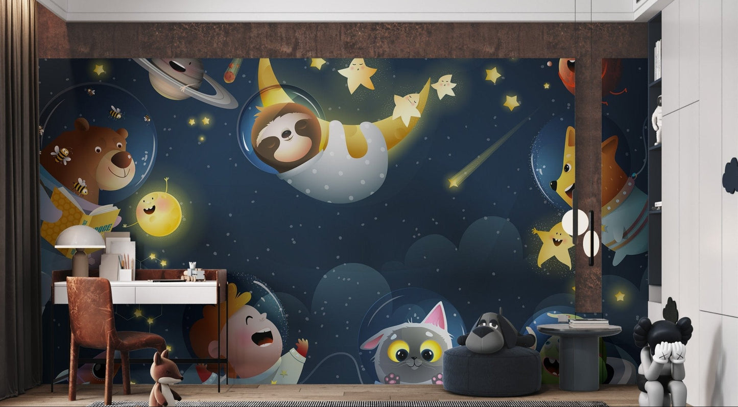 Cute alien and cat in this space wall mural graphic for the study room.