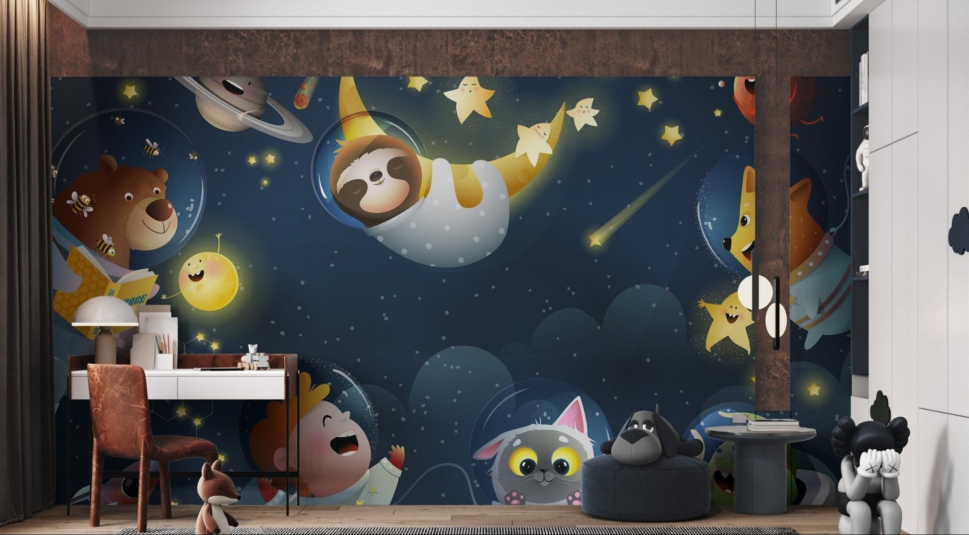 Cute alien and cat in this space wall mural graphic for the study room.