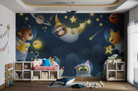 Space animals wall mural creates a fun atmosphere in the playroom