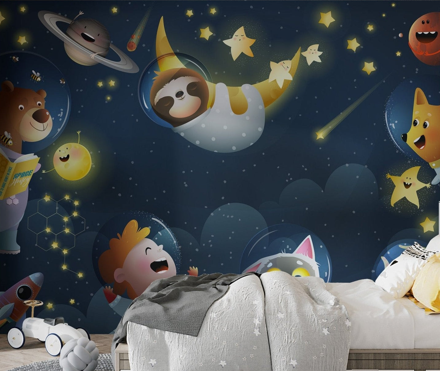 Fun wall mural of kids and animals in children's bedroom.