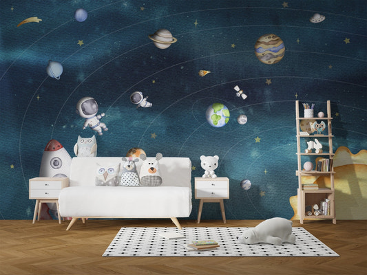 Space joy dark wall mural with hand-painted astronauts and planets.