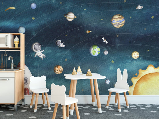 Space joy dark wallpaper showing orbiting celestial bodies and sun.
