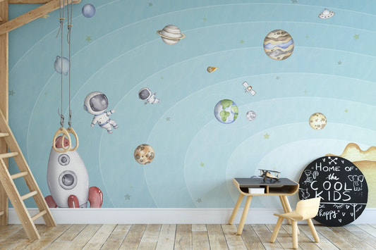 Space joy light wallpaper featuring cute floating astronauts and planets.