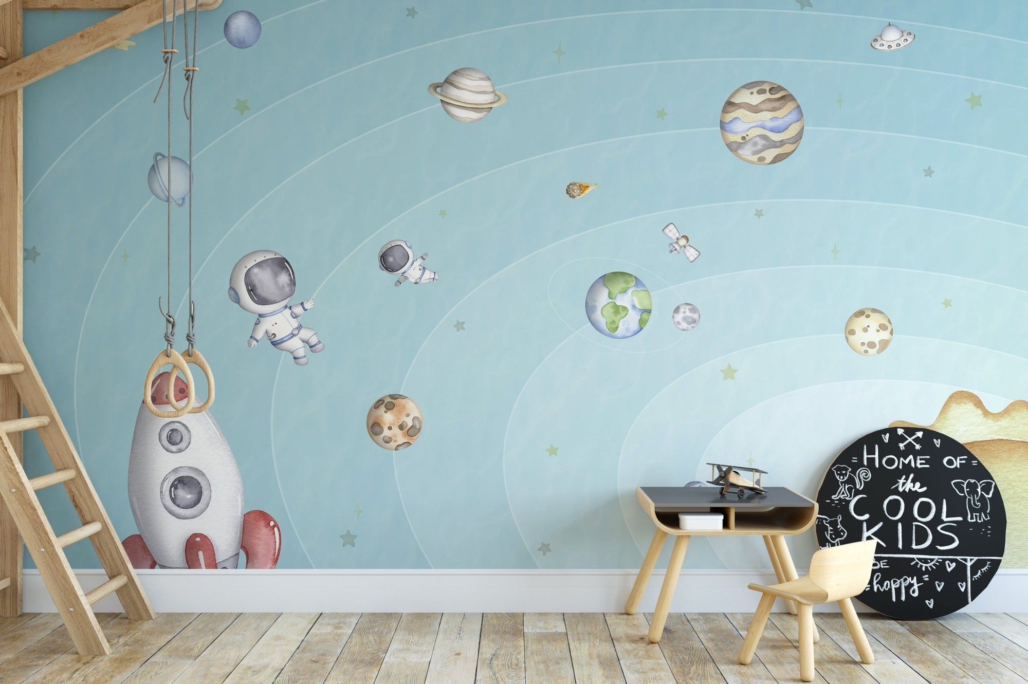 Space joy light wallpaper featuring cute floating astronauts and planets.