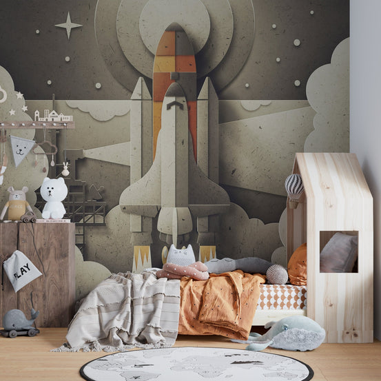 Rocket ship launcher wall mural behind a wooden bed frame and grey circular rug.
