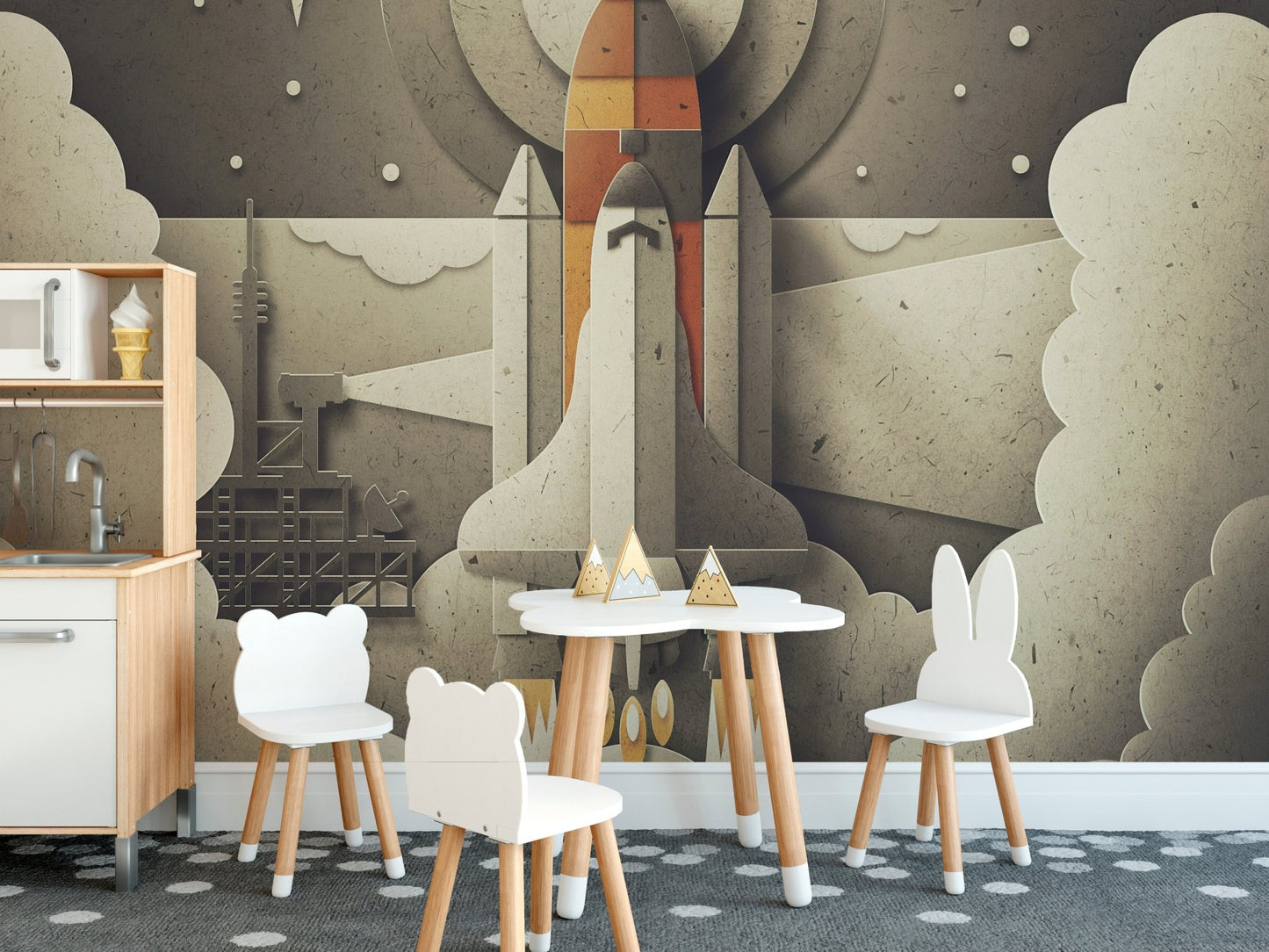 Beige and grey rocket launcher wall mural in a dining area with a small wooden table and chairs.