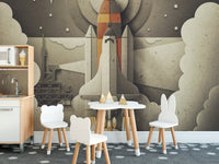 Beige and grey rocket launcher wall mural in a dining area with a small wooden table and chairs.