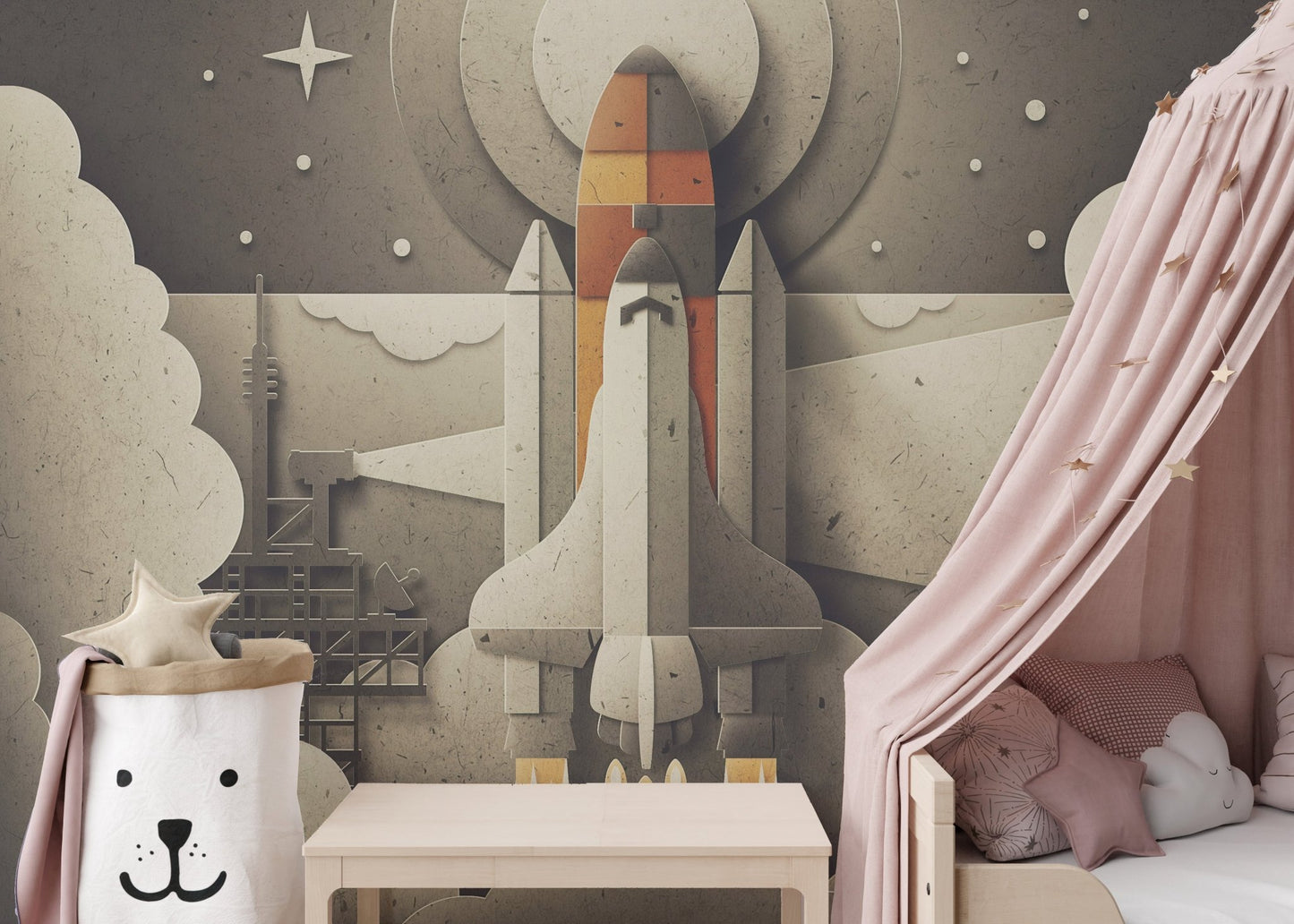 Minimalist space shuttle wall mural in a bedroom featuring a pink canopy bed.