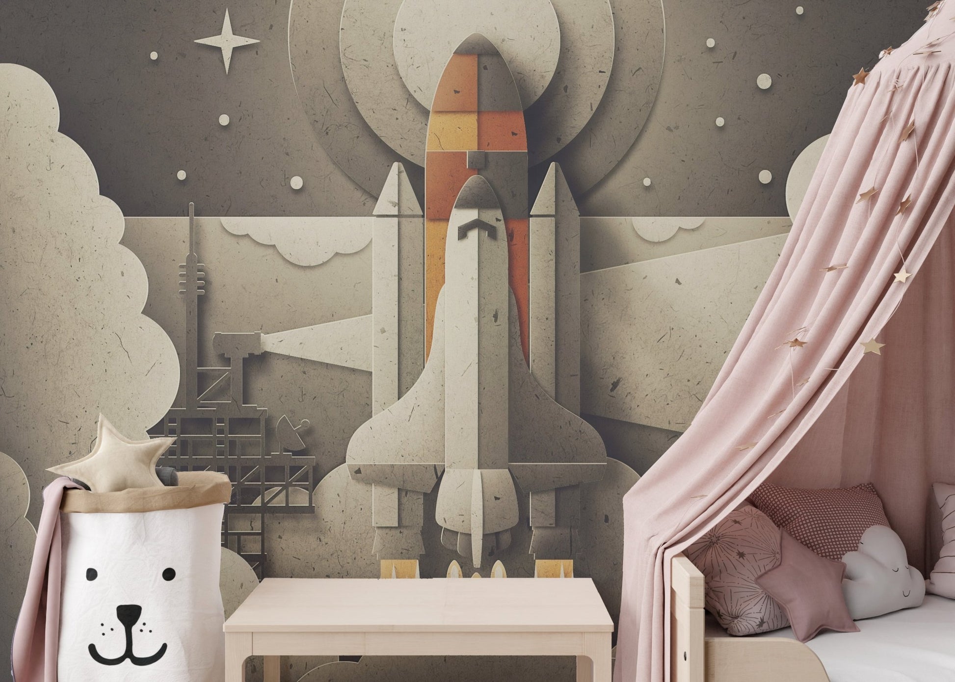 Minimalist space shuttle wall mural in a bedroom featuring a pink canopy bed.