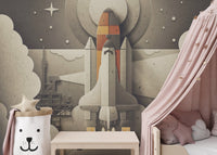 Minimalist space shuttle wall mural in a bedroom featuring a pink canopy bed.