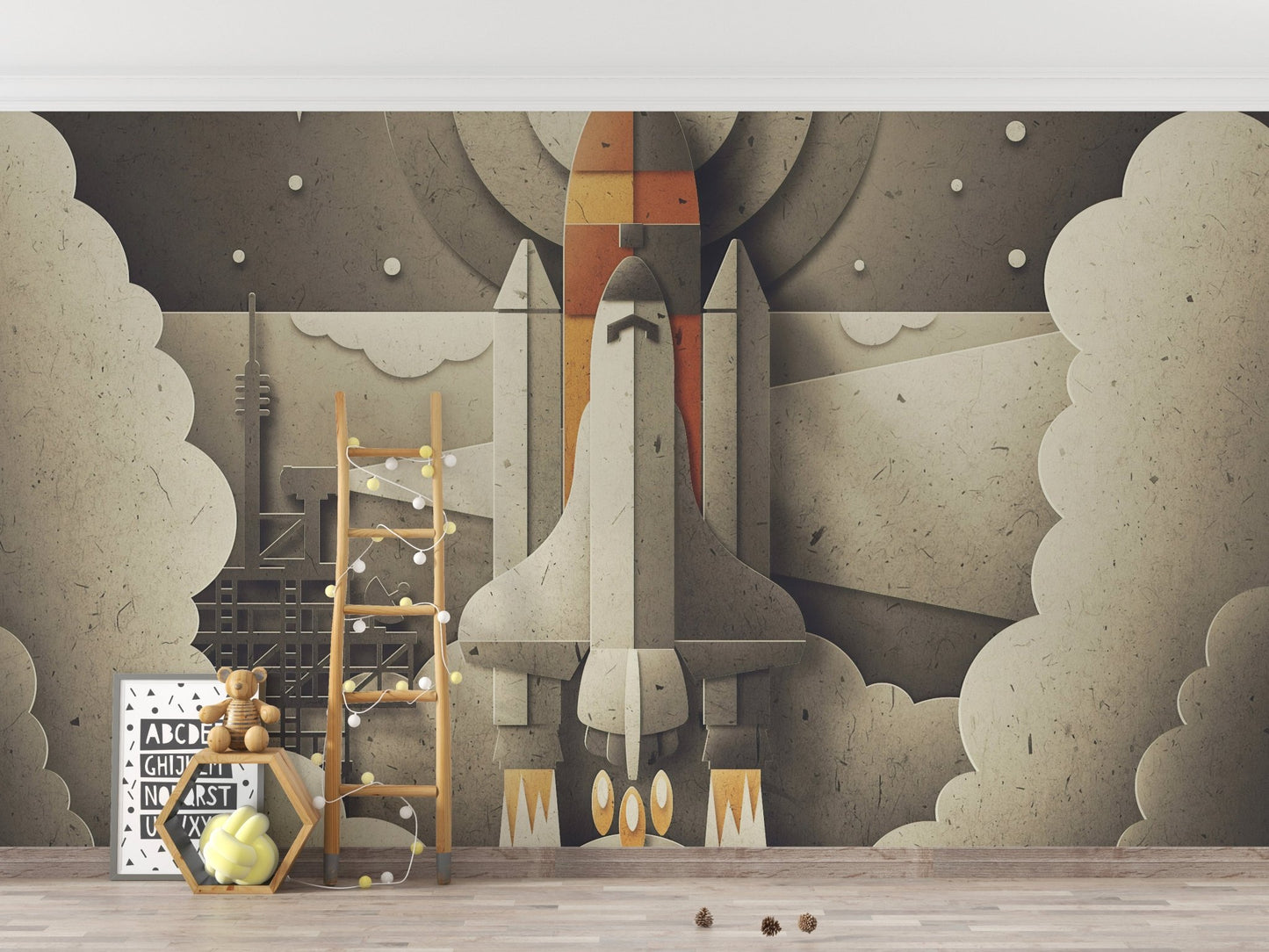 Large space shuttle wall mural behind a wooden ladder and toys in kids room.