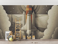 Large space shuttle wall mural behind a wooden ladder and toys in kids room.