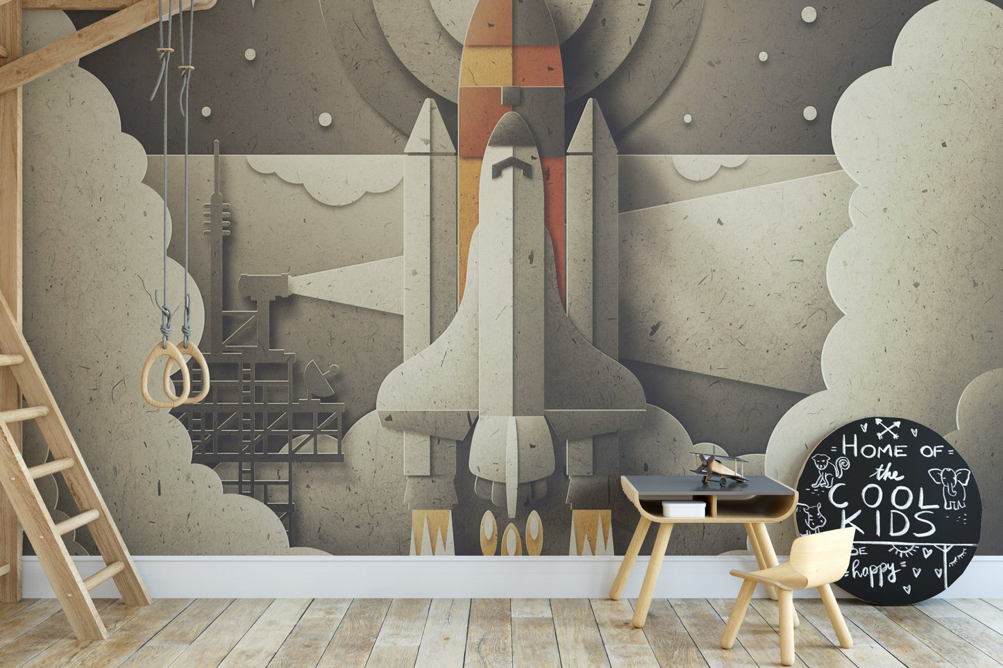 Hand-drawn style rocket launcher wall mural in a room with a desk and chair.