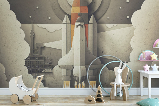 Space Launcher wall mural in a nursery with a wooden stroller and white rabbit chair.