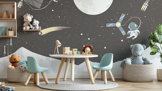 Cartoon astronaut space wallpaper with satellite and comet.