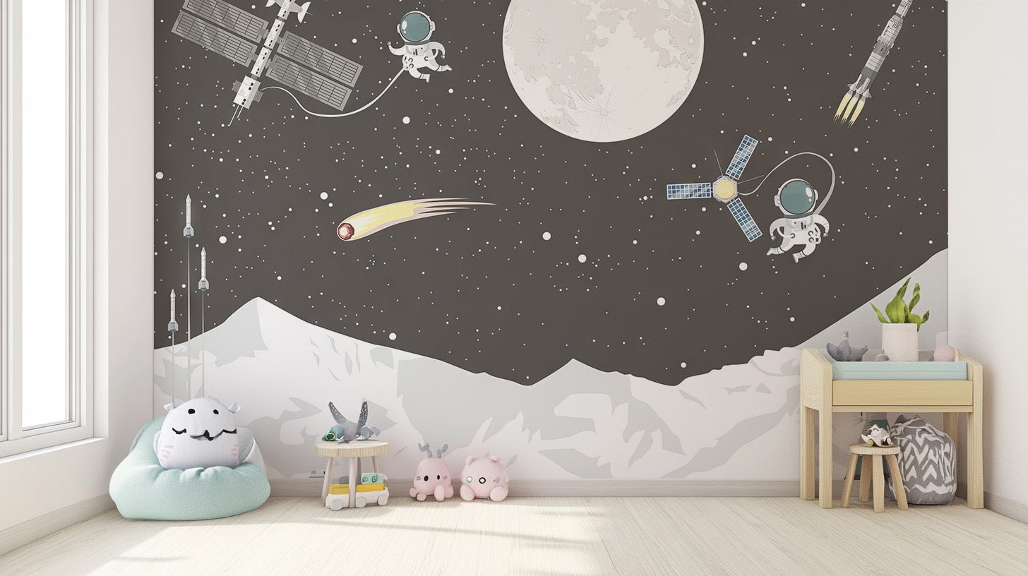 Space mission astronaut wall mural with moon and rockets wallpaper.