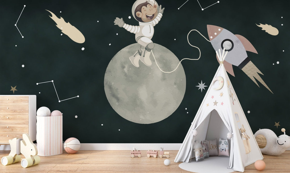 Space rover dog wallpaper mural with astronaut dog and moon theme.