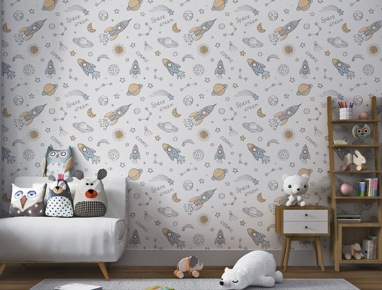 Seamless rocket and astronaut wall mural for a colorful kids play space.