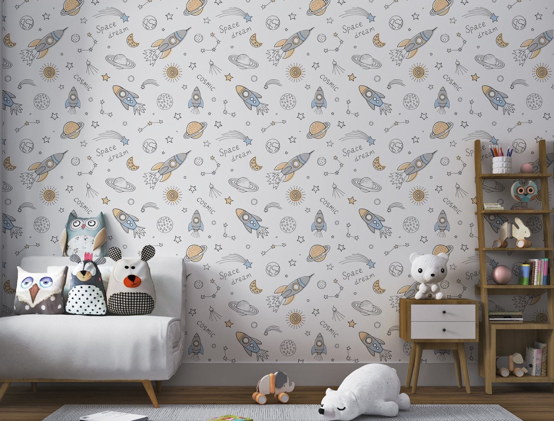 Seamless rocket and astronaut wall mural for a colorful kids play space.