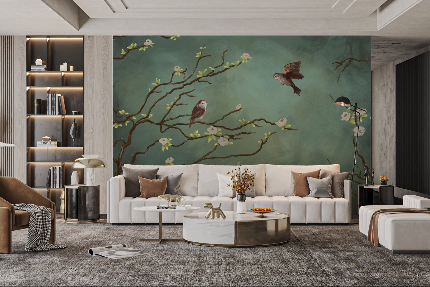 Nature-inspired mural with sparrows and floral accents