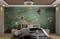 Tranquil mural with sparrows perched among blossoms