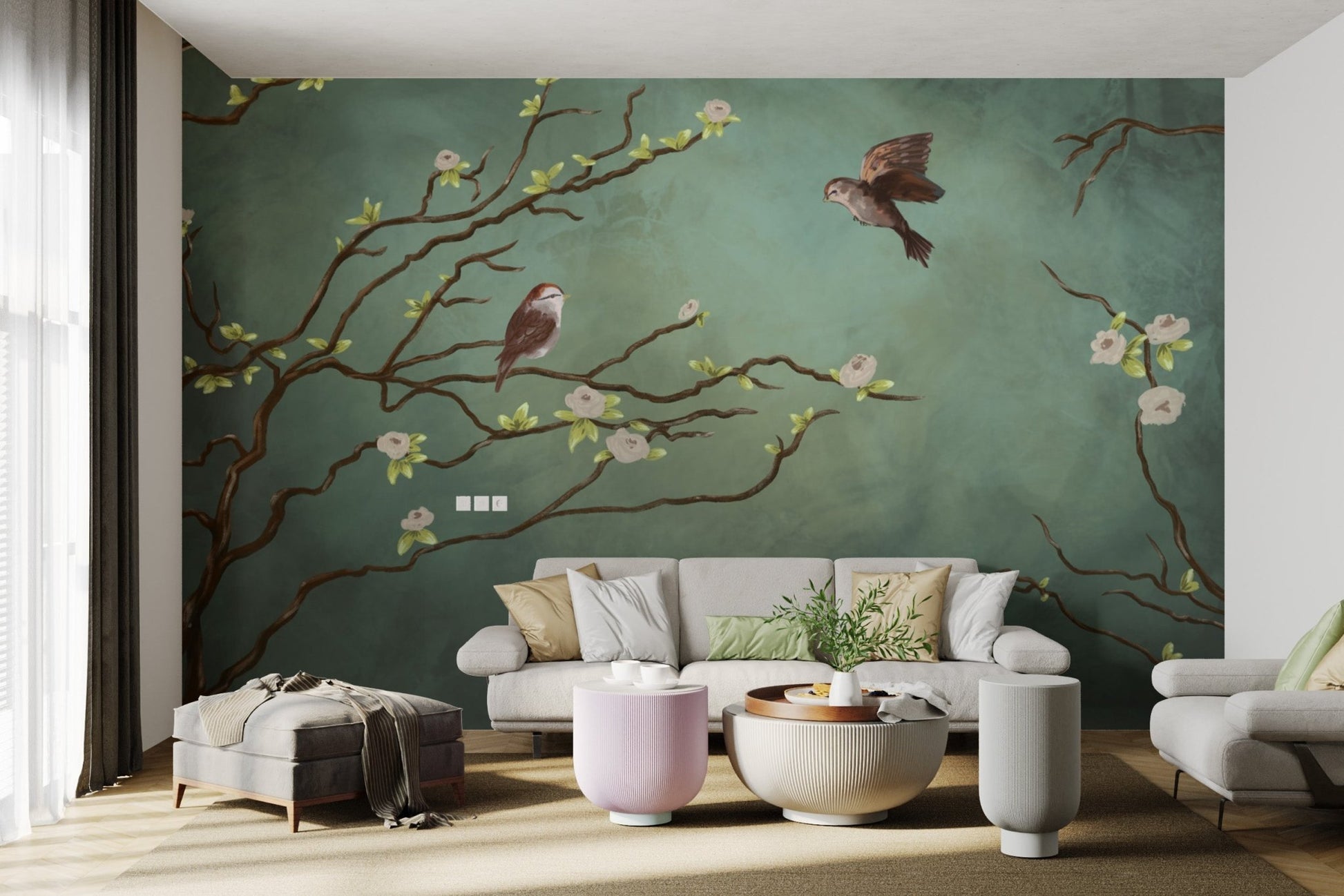 Beautiful wall art featuring sparrows and soft blooms