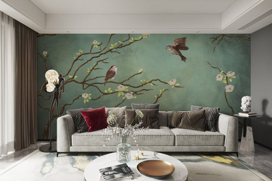 Hand painted sparrow wall mural with floral accents for living room interior.