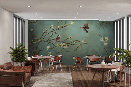 Sparrow and blossom wall mural with teal color decor for dining room.