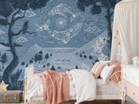 Blue mountain landscape wall mural in a bedroom with pink bedding and white canopy.