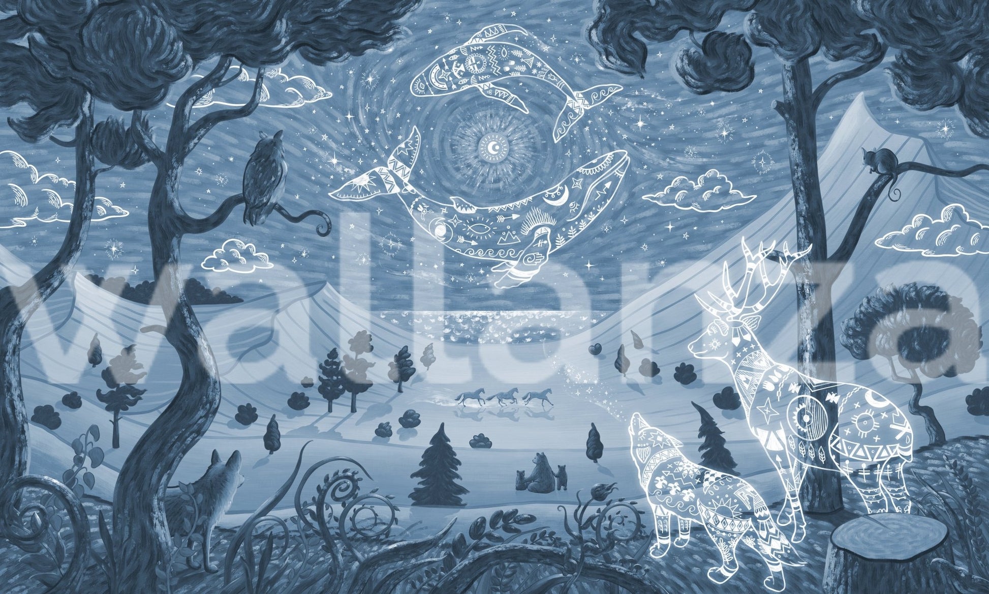 Kids room wall decor with blue spirit night forest and mountain wall mural.