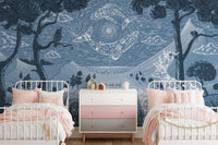 Twin beds in a shared room with blue forest pattern wall mural and pink accents.