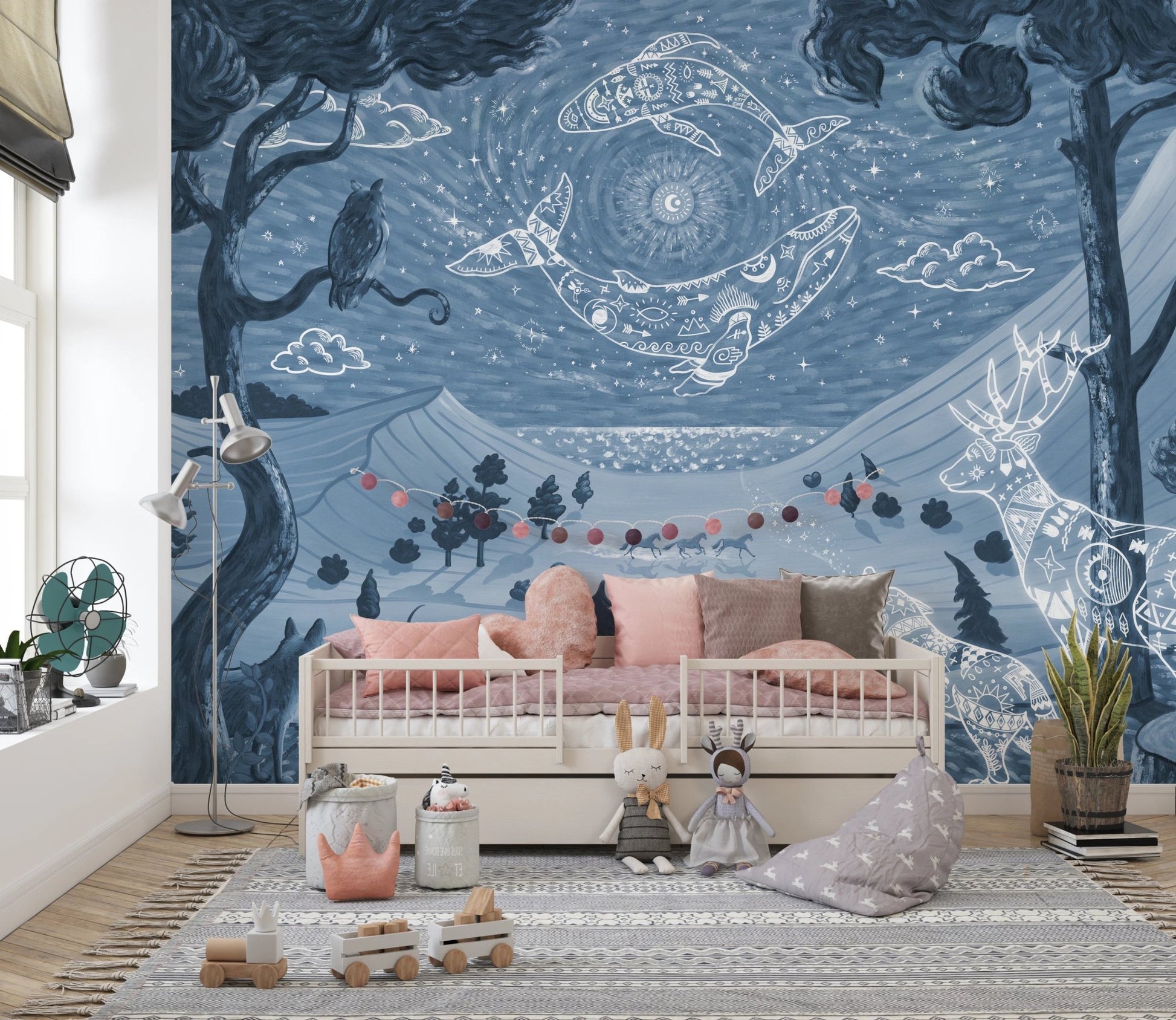 Kids bedroom featuring Spirit Night Blue Wall Mural with a grey rug and low bed.