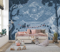 Kids bedroom featuring Spirit Night Blue Wall Mural with a grey rug and low bed.