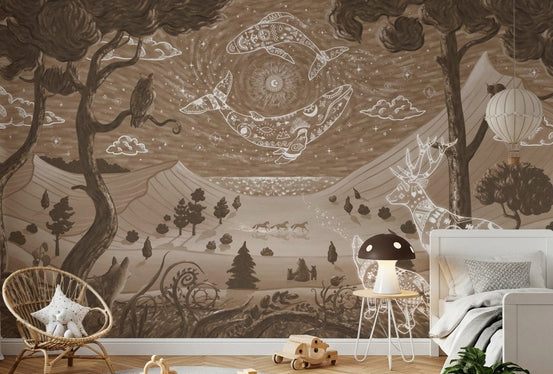 Spirit Night Brown Wall Mural in a bright bedroom.