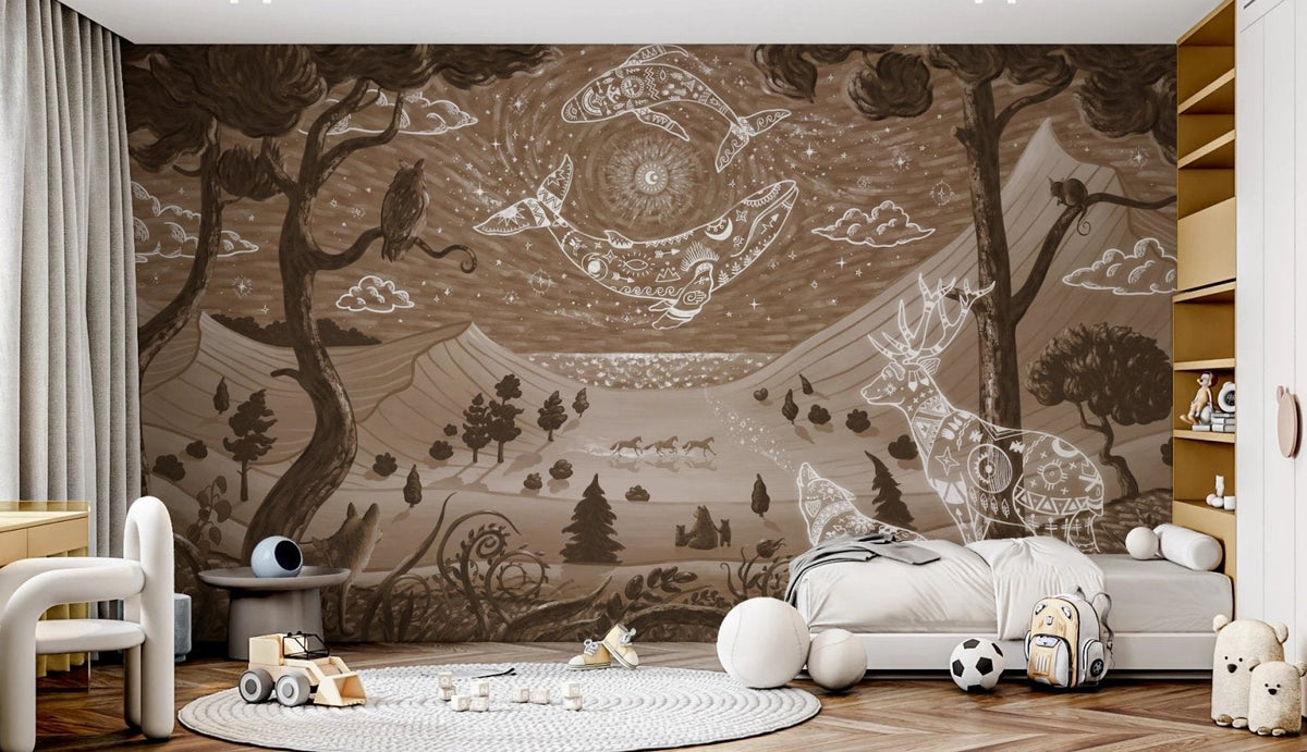 Minimalist kids bedroom featuring a brown forest wall mural.