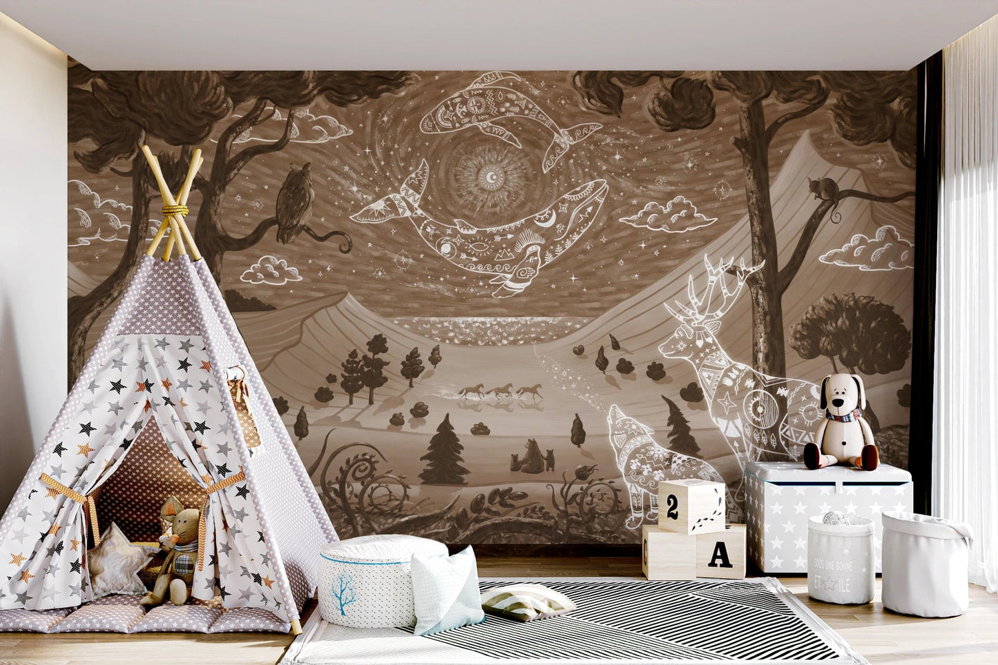Brown illustrated forest wall mural in a nursery with a white teepee tent.