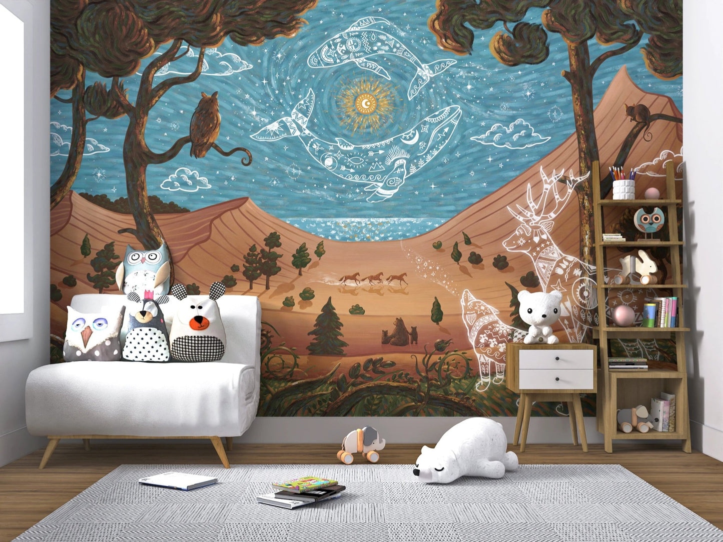 Living room spirit wall mural with a grey sectional sofa and large bright window.