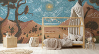 Nursery spirit wall mural behind a wooden house-shaped floor bed with neutral bedding.