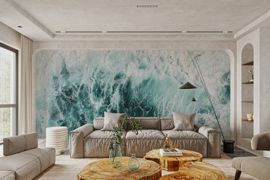 Splashing sea wave wallpaper featuring deep emerald and cyan tones.