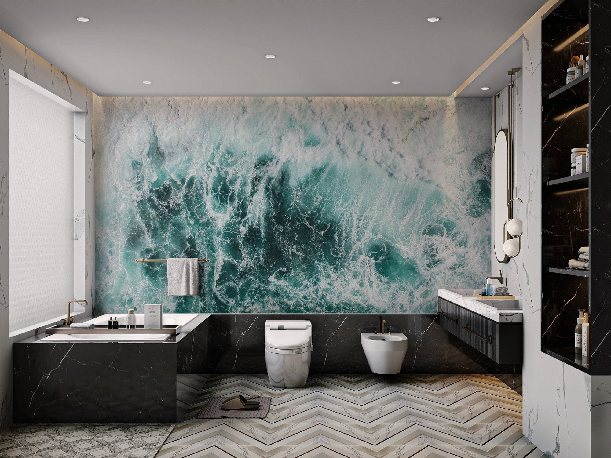 Aerial view of a turquoise splashing sea wave wallpaper with white foam.