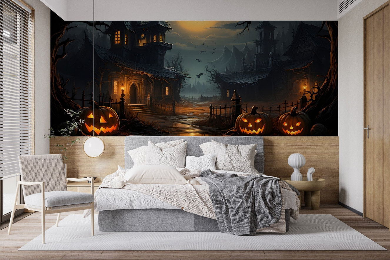 Dark fantasy architecture haunted wallpaper with warm amber lights and mist.