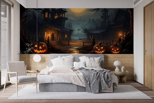 Dark fantasy architecture haunted wallpaper with warm amber lights and mist.