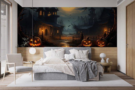 Dark fantasy architecture haunted wallpaper with warm amber lights and mist.