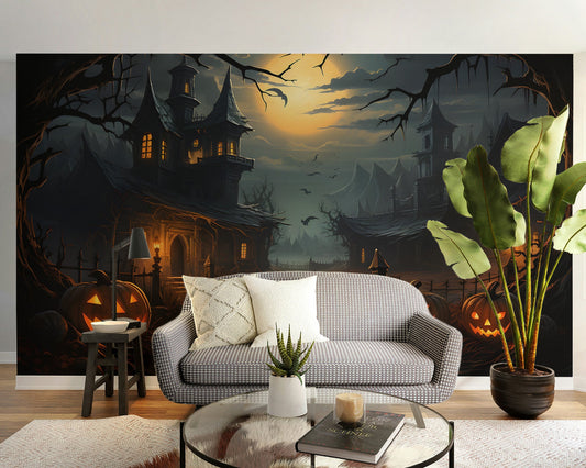Spooky haunted house wallpaper mural showing a stone manor and snowy peaks.