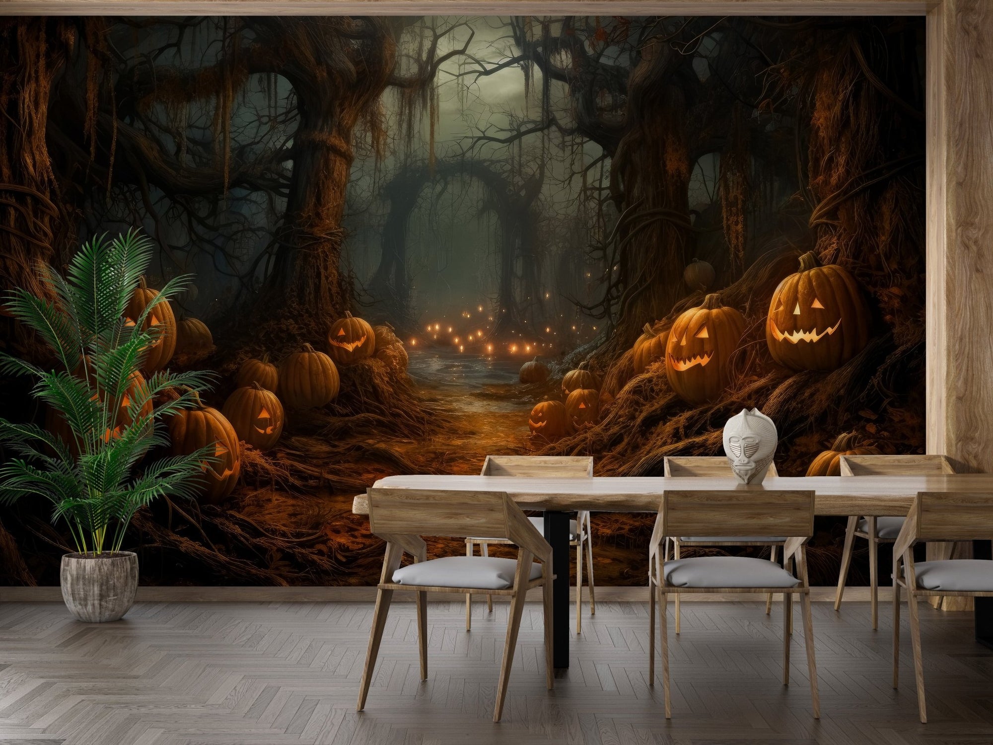 Spooky pumpkin forest Halloween wallpaper with glowing jack-o'-lanterns in a dark wood.